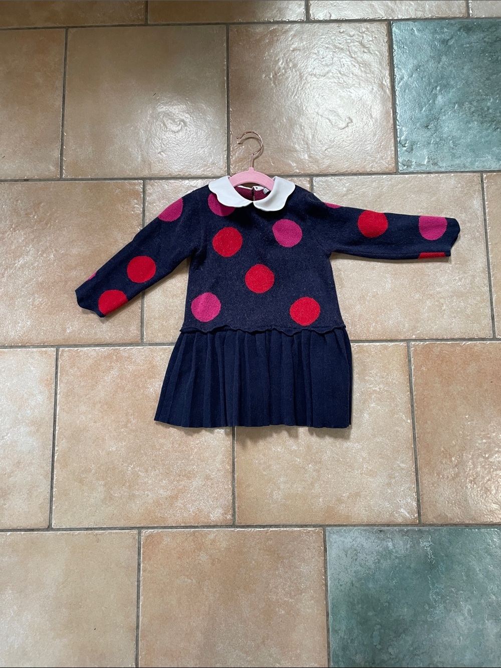 Girls Navy Polka Dot Sweater Dress with White Collar